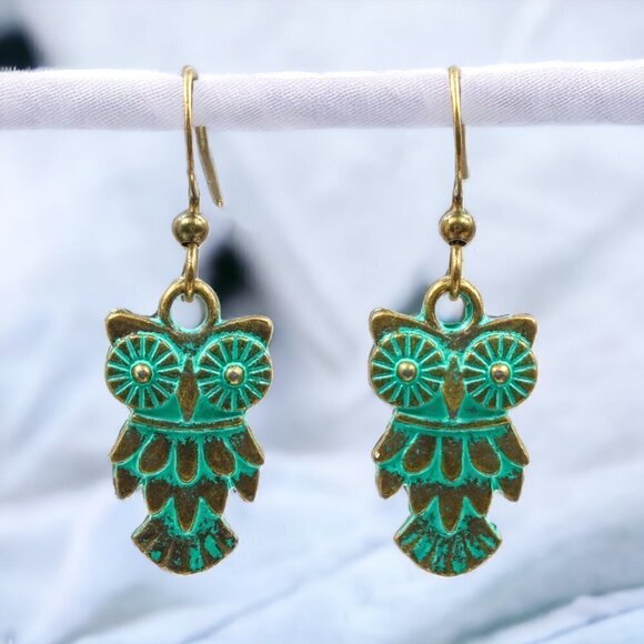 Patina Owl Drop Earrings - Picture 3 of 5